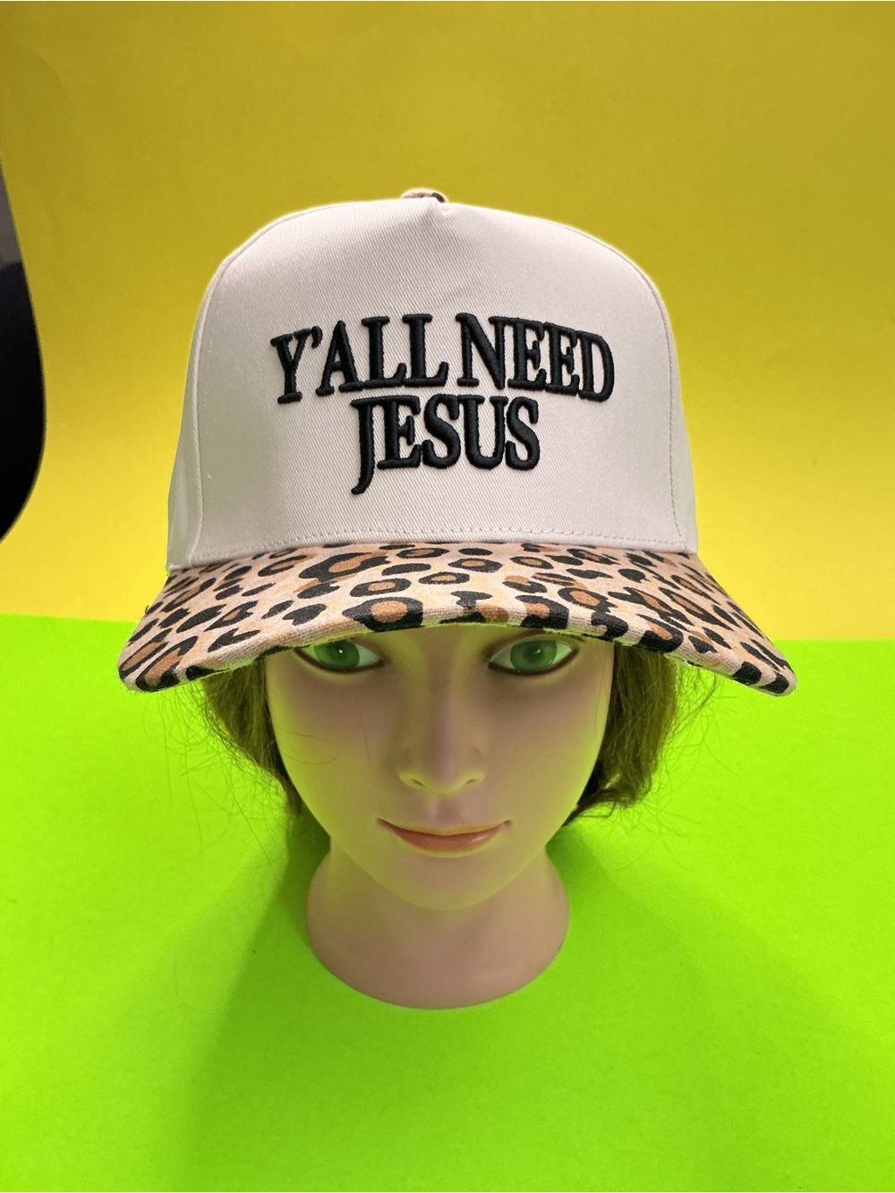 Cream 'Y'All Need Jesus' Trucker Hat with Leopard Brim